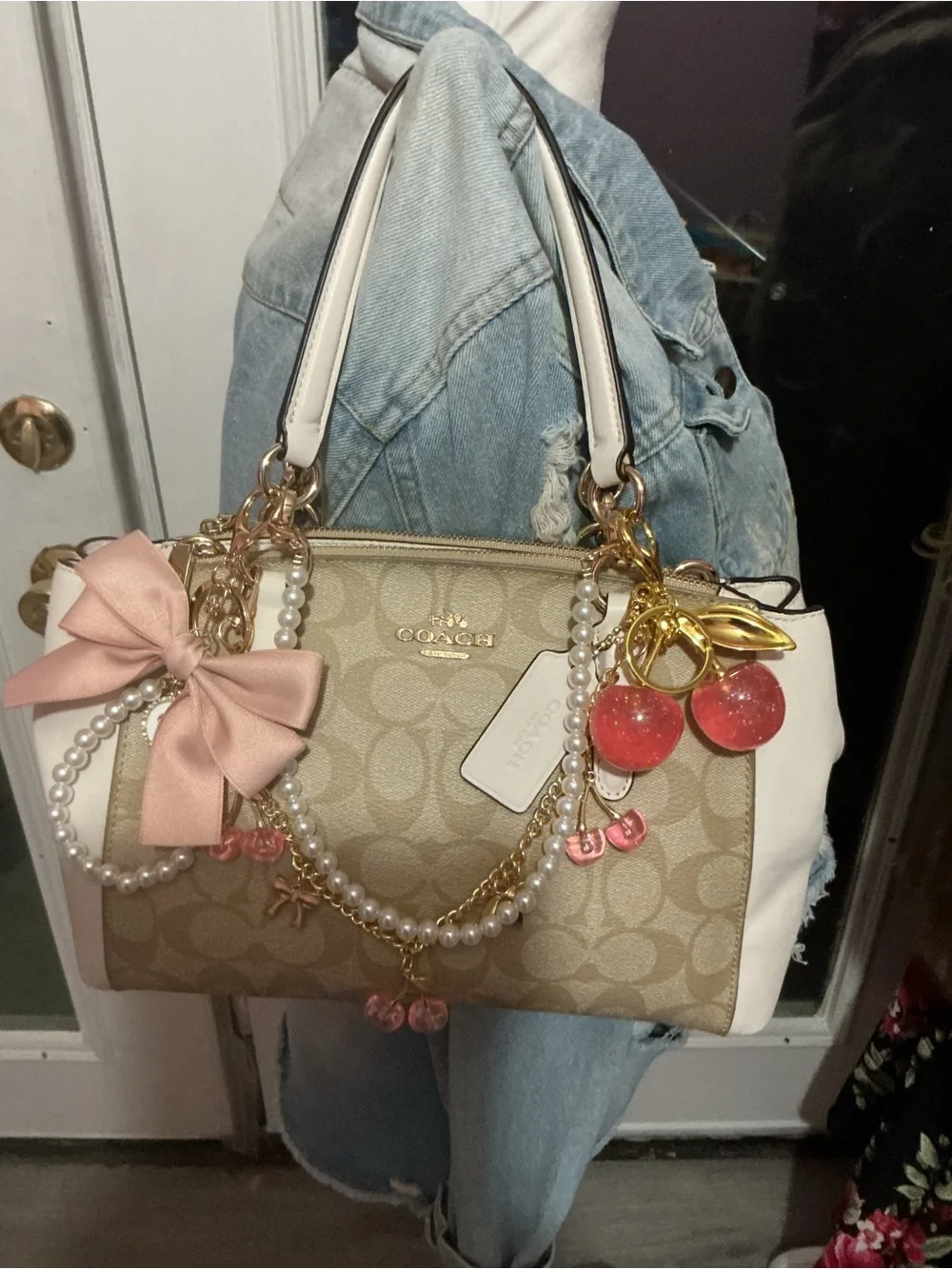 Coach Beige Signature Satchel with White Trim and Pink Accents